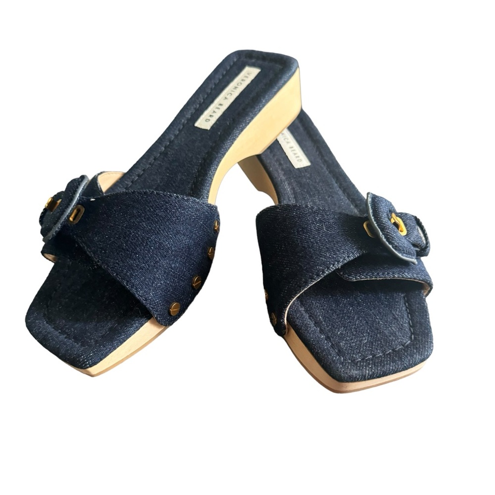 Veronica Beard Davina Denim Wooden Heel Clog Slide Sandals in Eclipse NWOB